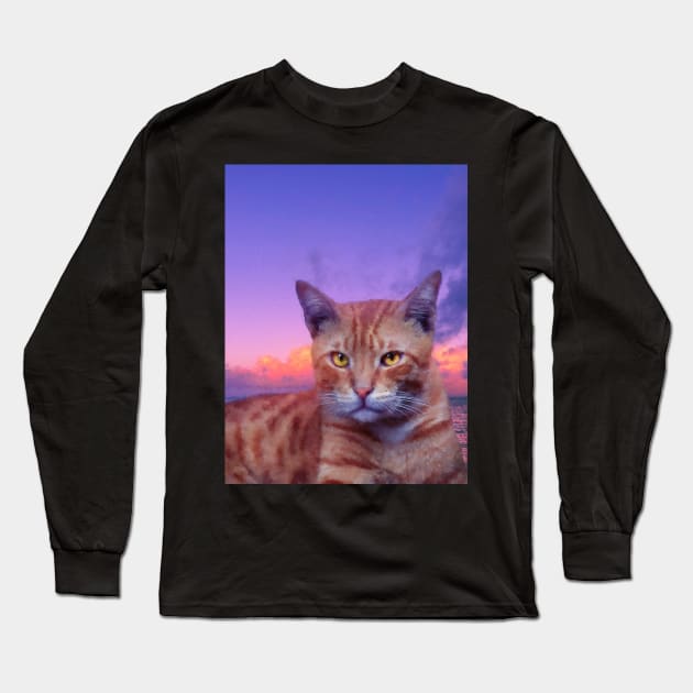 Orange tabby cat in the sky painting Long Sleeve T-Shirt by Arteria6e9Vena